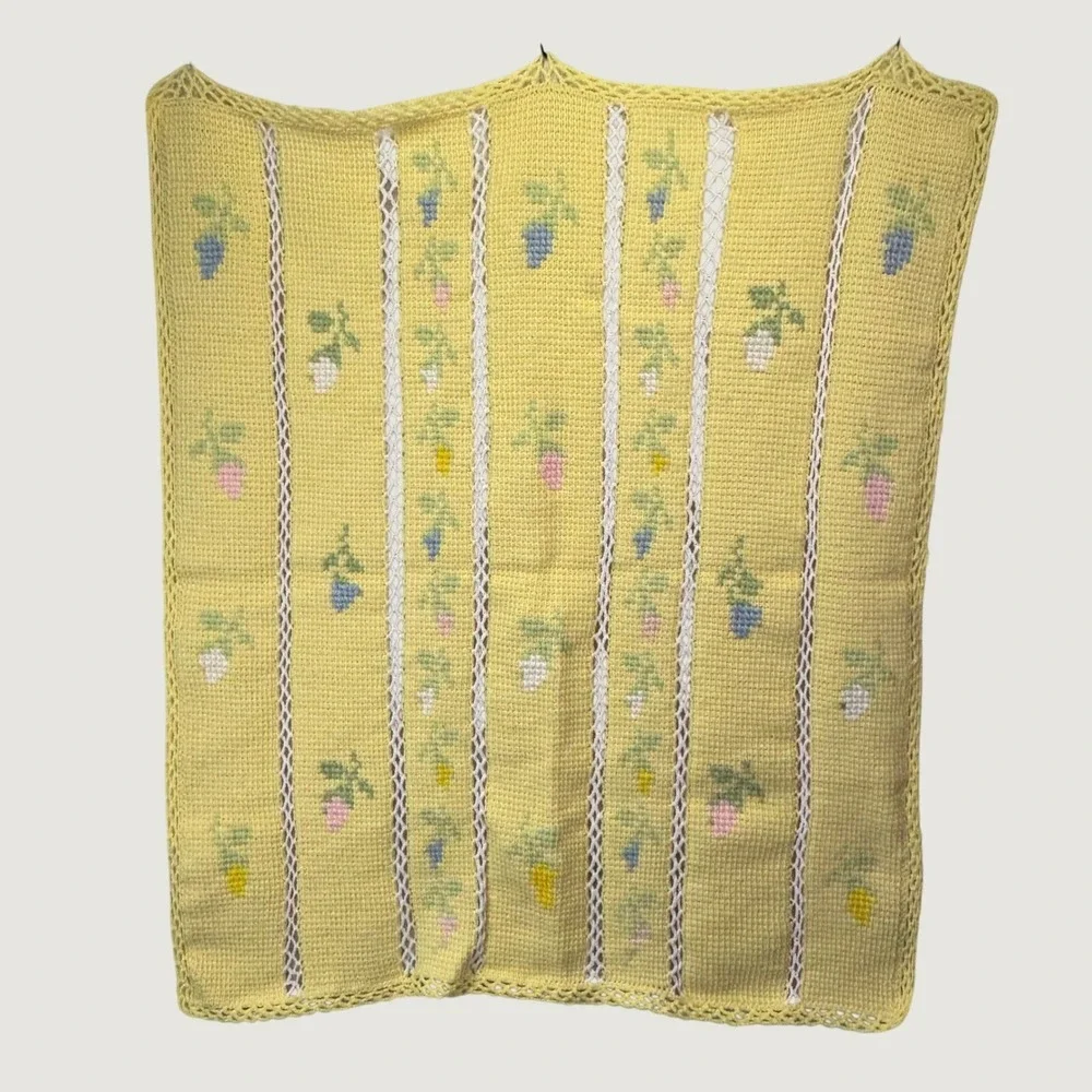 Vintage Handmade Crochet Baby Blanket Yellow Floral‎ Cottagecore Nursery 36x42
